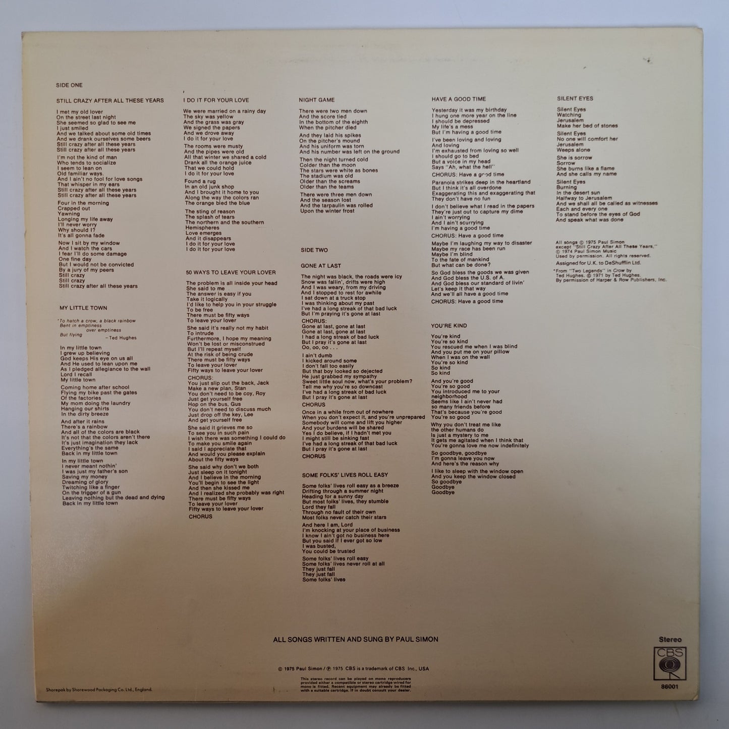 Paul Simon - Still Crazy After all These Years (Vinyl LP 1975 UK) EX/EX