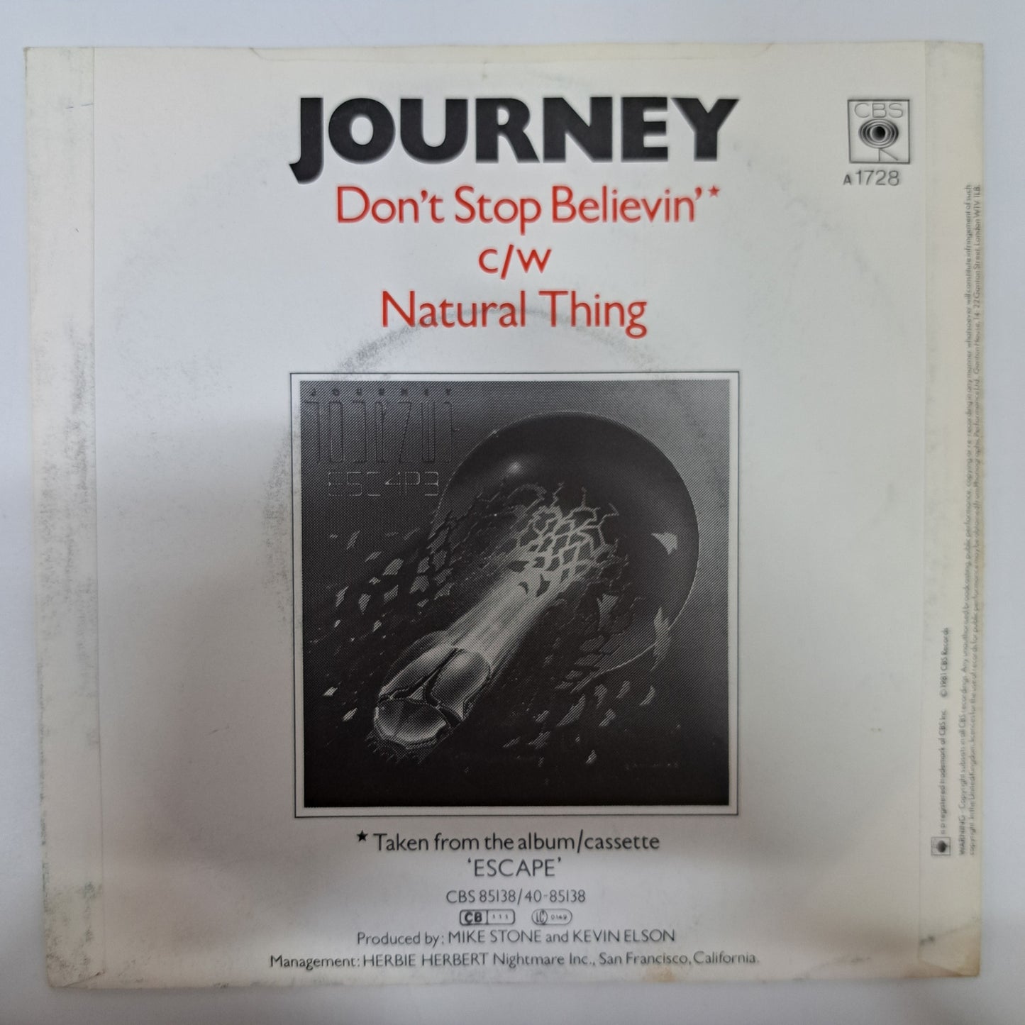 Journey - Don't Stop Believin' (Vinyl Single in Picture Sleeve) EX/EX