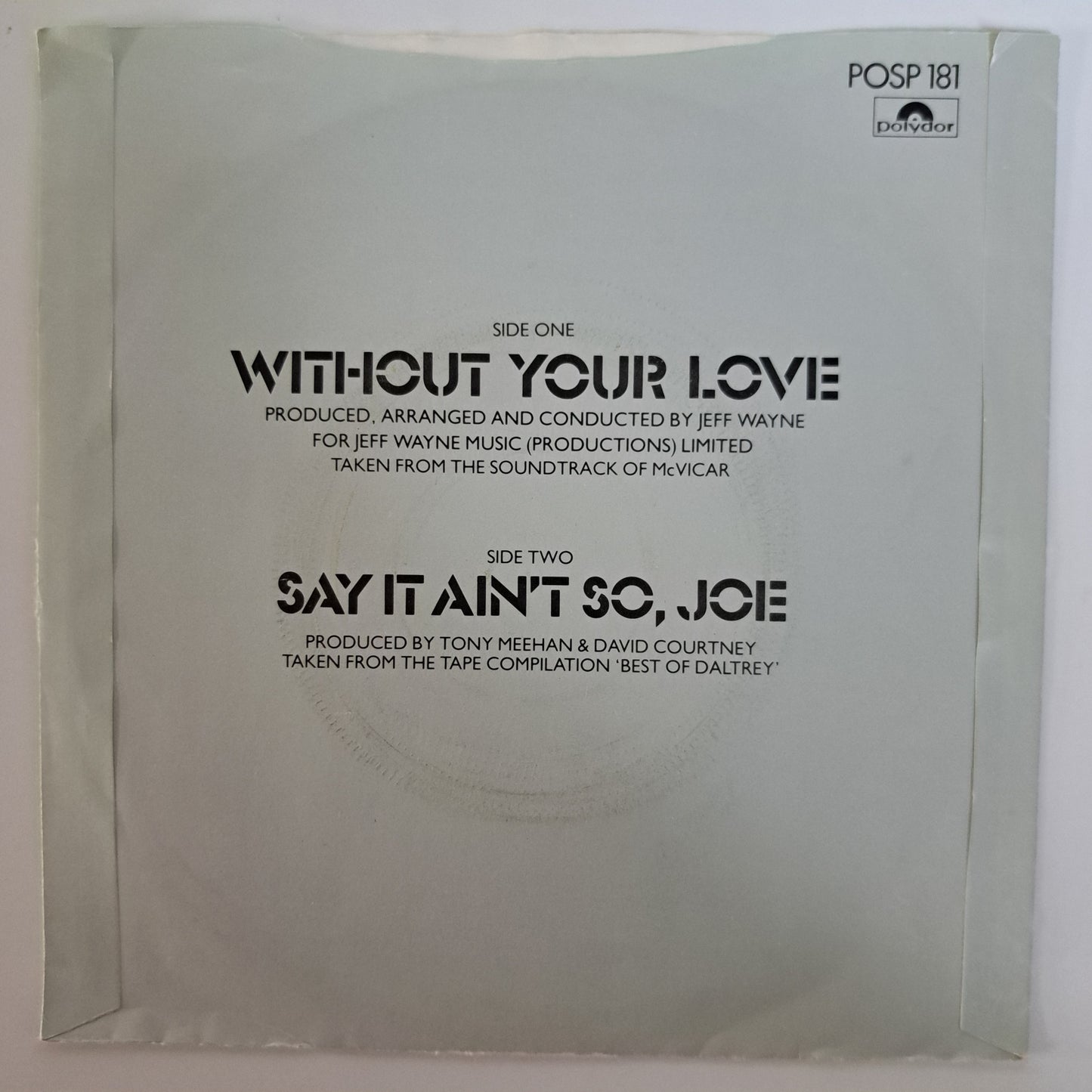 Roger Daltrey - Without Your Love (Vinyl P/S Single) VG+/EX