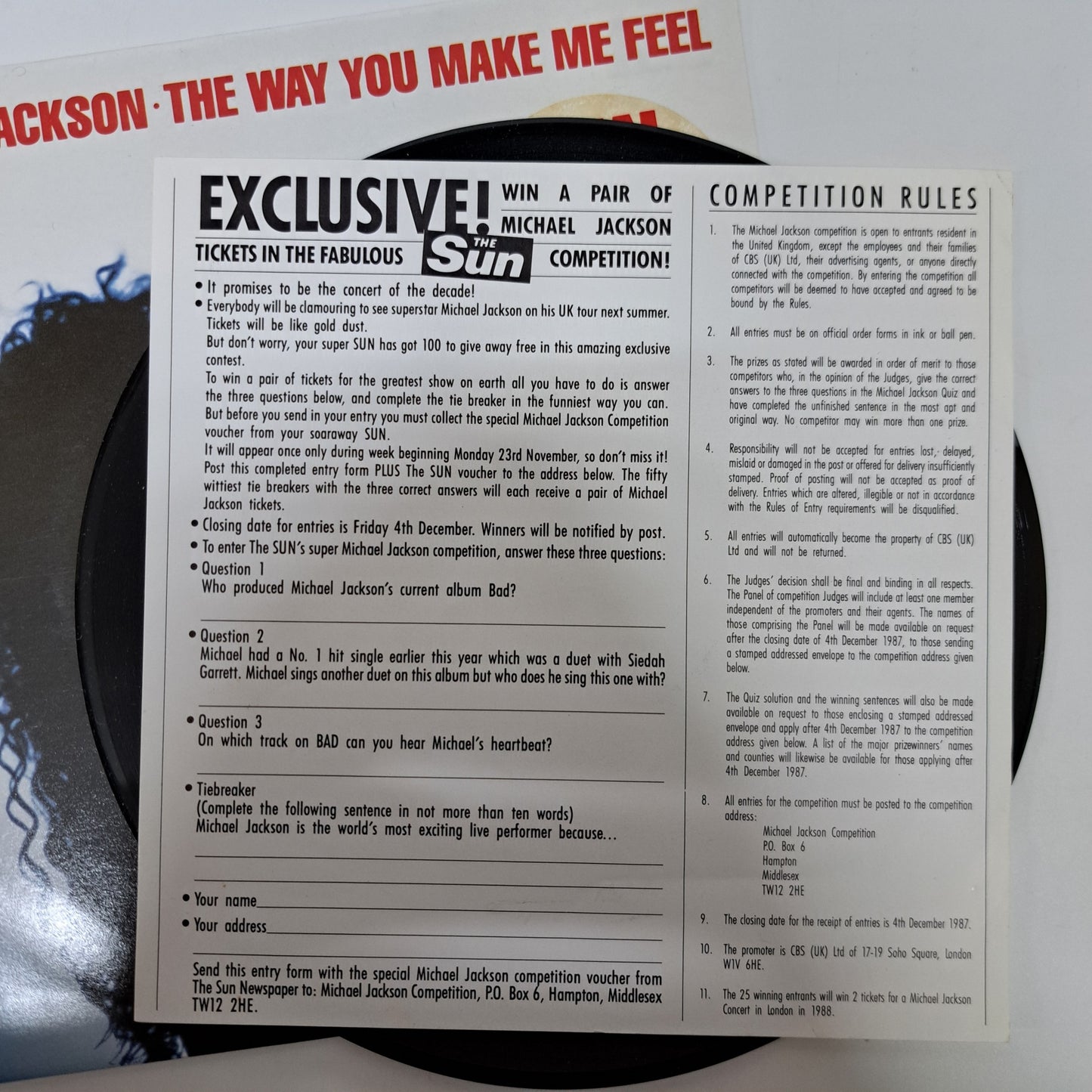 Michael Jackson - The Way you Make me Feel (UK Competition Vinyl Single) EX/M