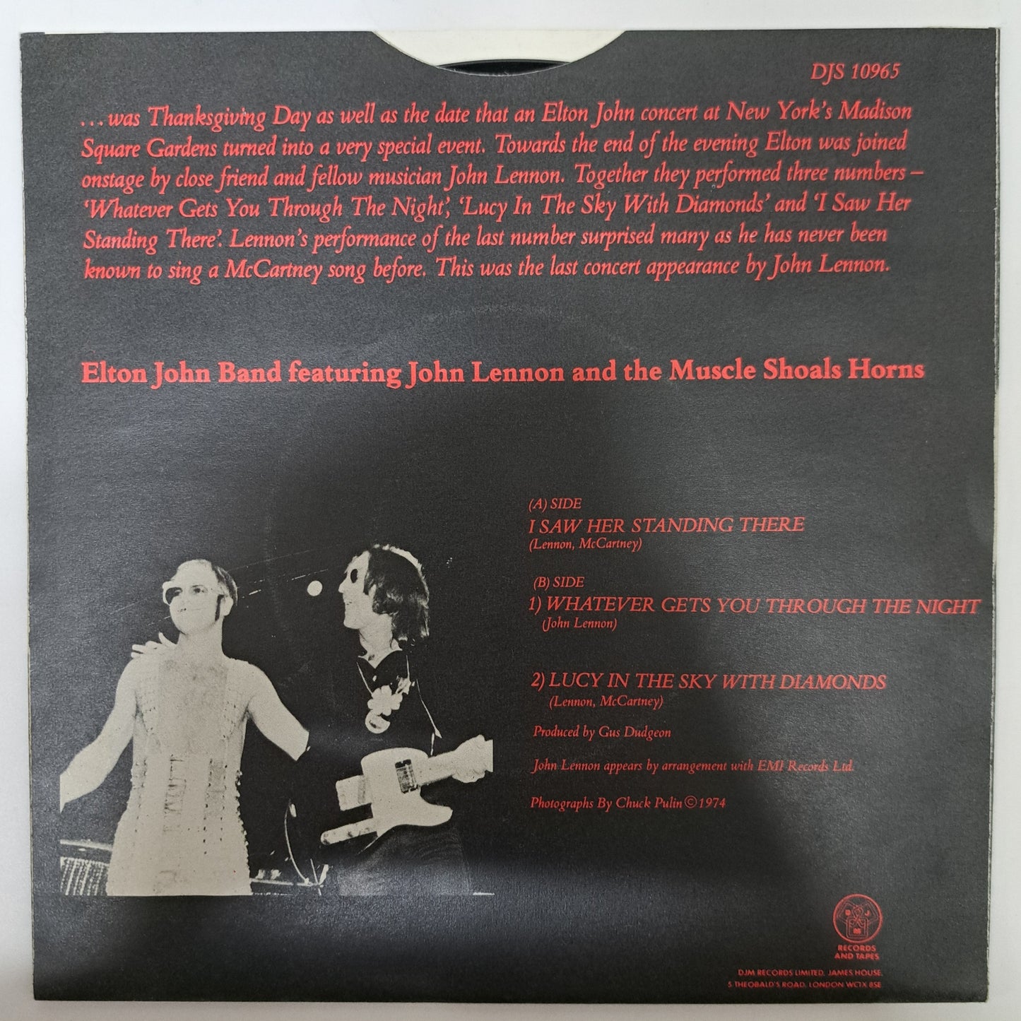 Elton John & John Lennon - I Saw Her Standing There (Vinyl Single P/S) NM/M