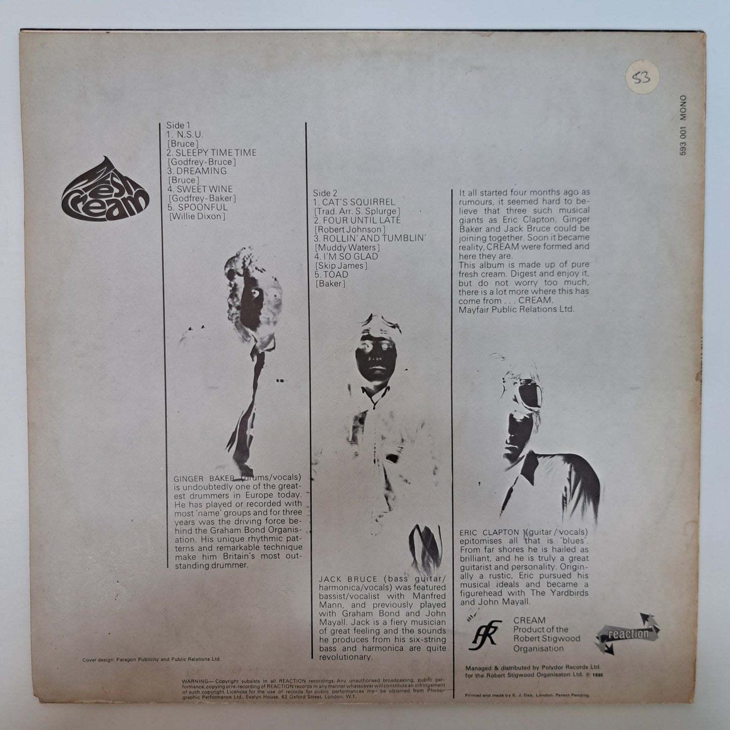Cream - Fresh Cream (Vinyl LP) VG+/EX+ UK Mono Reaction 1966
