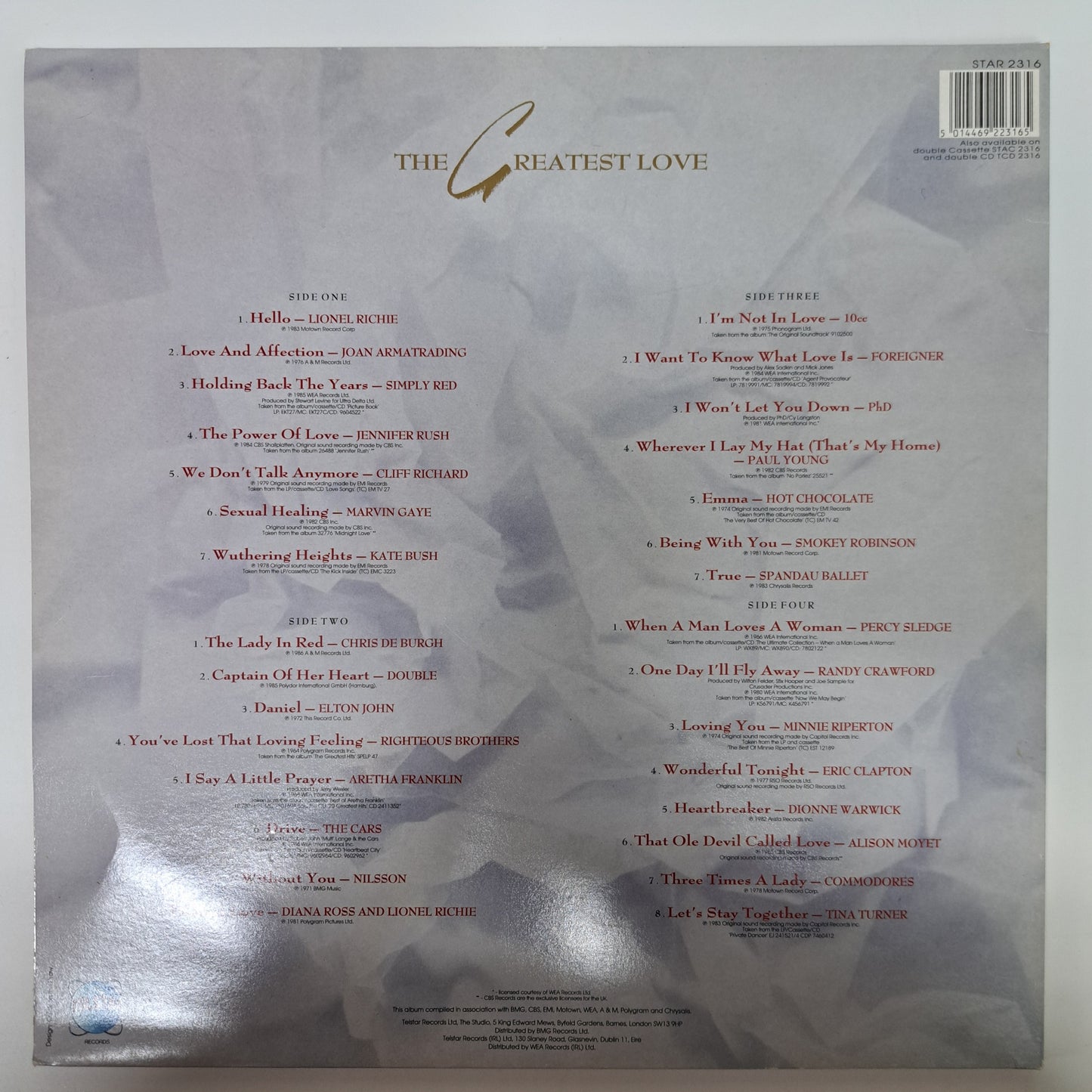 Various - The Greatest Love (Double Vinyl LP) EX/NM/NM 1988 Compilation