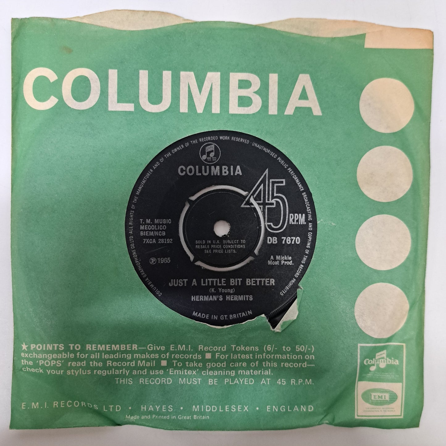 Hermans Hermits - Just a Little Bit Better (Vinyl 7" Single) EX