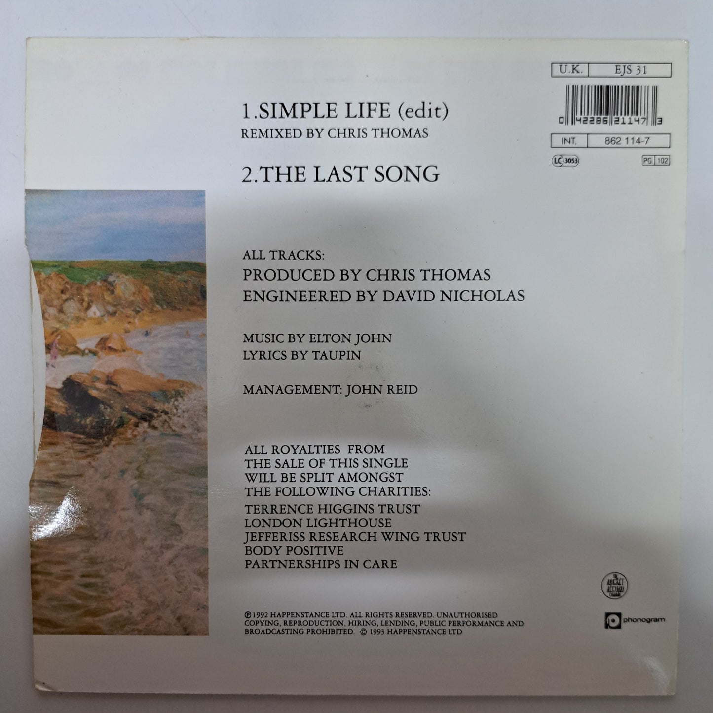 Elton John - Simple Life (Vinyl 7" Single) EX/NM