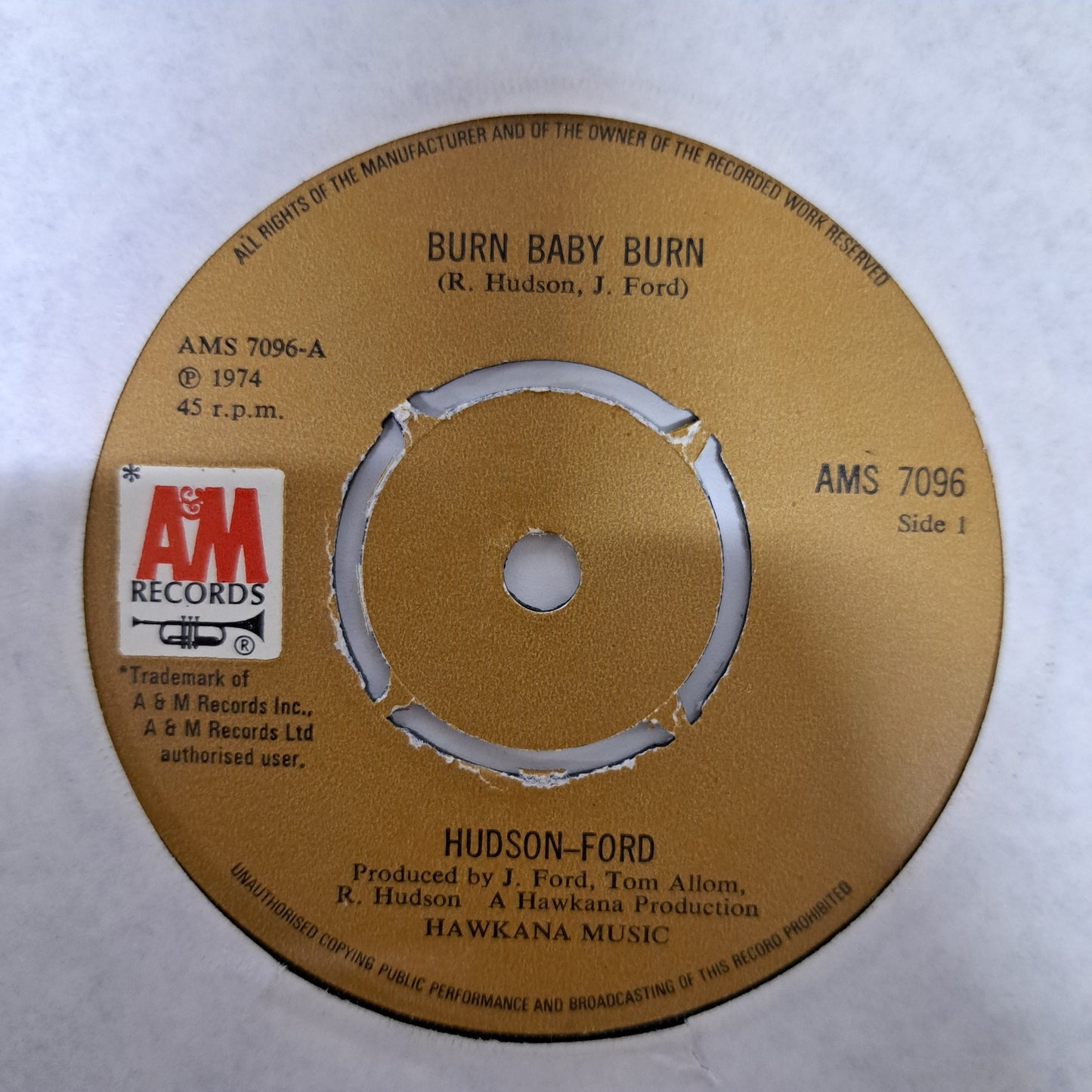 Hudson-Ford - Burn Baby Burn (Vinyl 7" Single) EX
