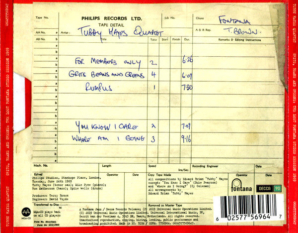 Tubby Hayes Quartet - Grits, Beans and Greens (2019 CD) Sealed