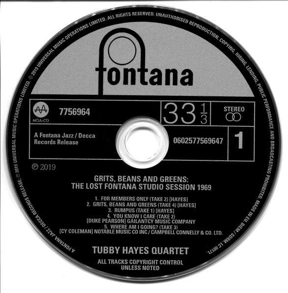 Tubby Hayes Quartet - Grits, Beans and Greens (2019 CD) Sealed