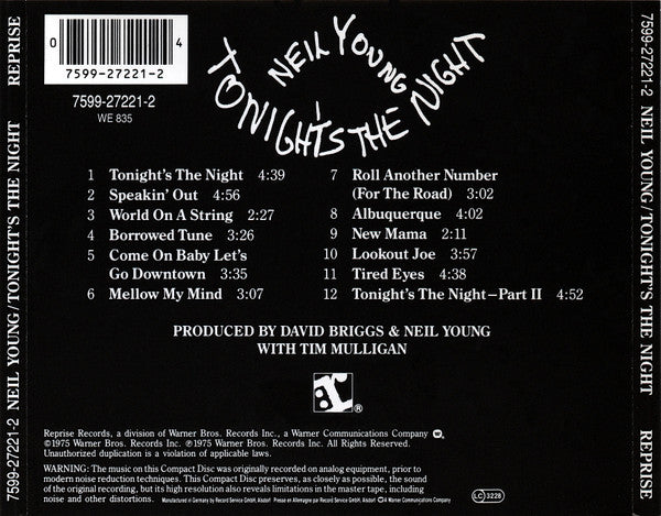 Neil Young - Tonight's the Night (1993 CD) NM