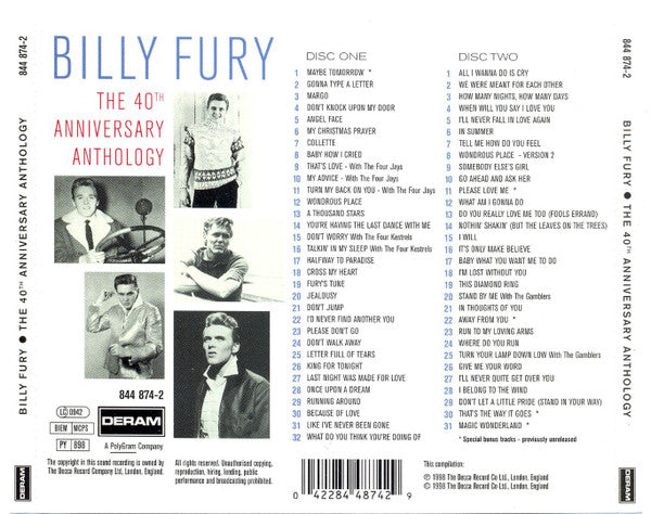 Billy fury - 40th Anniversary Anthology (1998 DCD) Mint