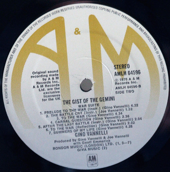 Gino Vannelli - The Gist of the Gemini (Cheap Vinyl LP) VG+/VG+