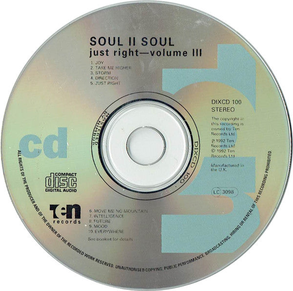 Soul II Soul - Volume III~Just Right (1992 CD) VG+