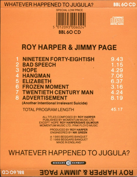 Roy Harper & Jimmy Page - Whatever Happened to Jugula? (1988 CD) NM