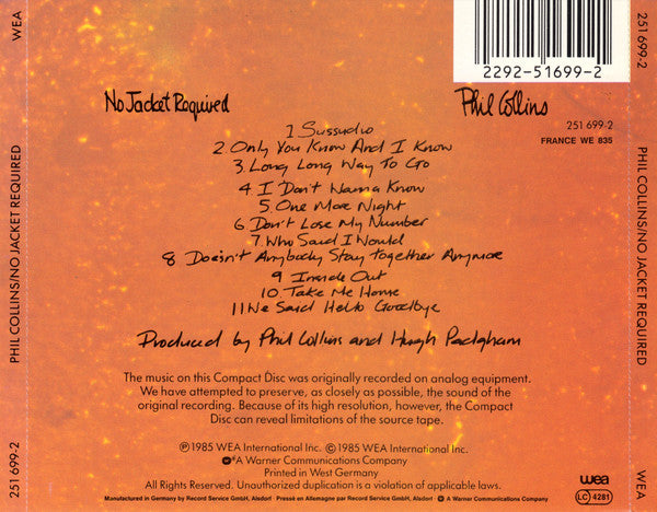 Phil Collins - No Jacket Required (Rare German Gold CD) VG+