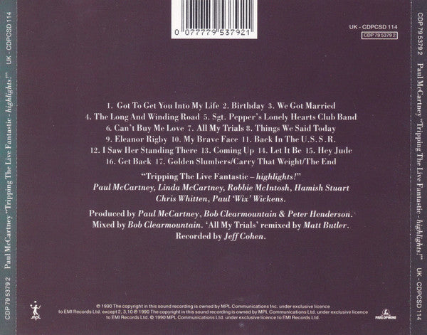 Paul McCartney - Tripping the Live Fantastic ~ Highlights (1990 CD) NM