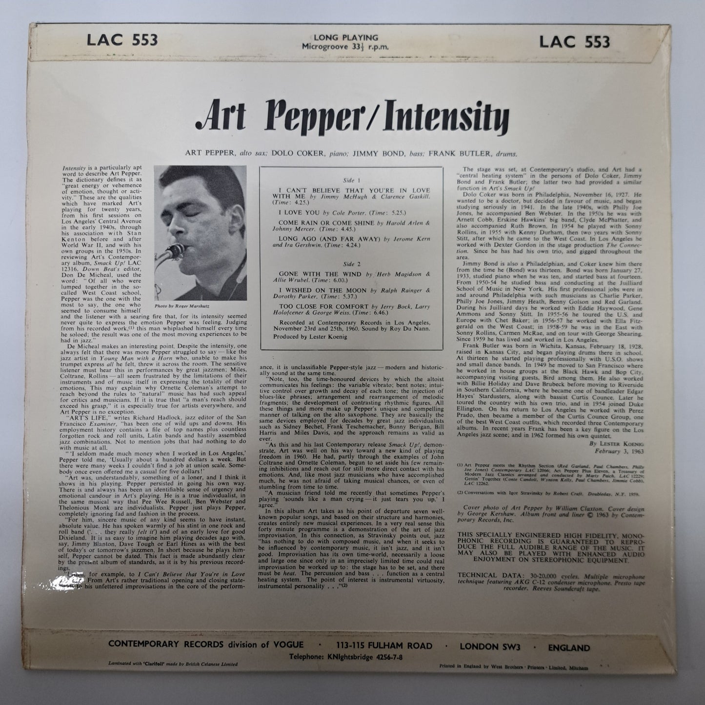 Art Pepper - Intensity (1963 UK mono Vinyl Album) EX/EX