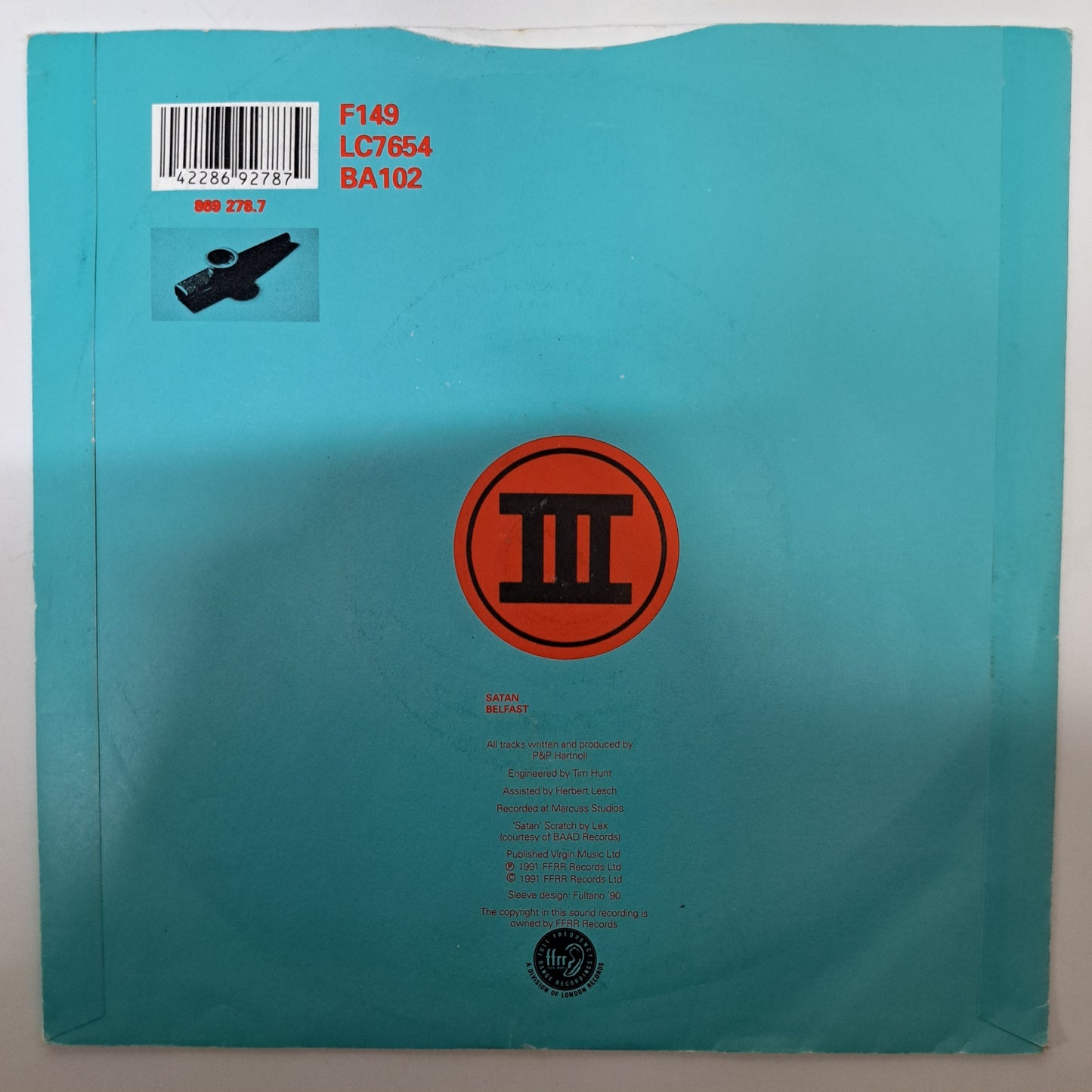 Orbital - III [Satan] (Vinyl Single) Ex/Ex 1991 UK P/S Techno 45