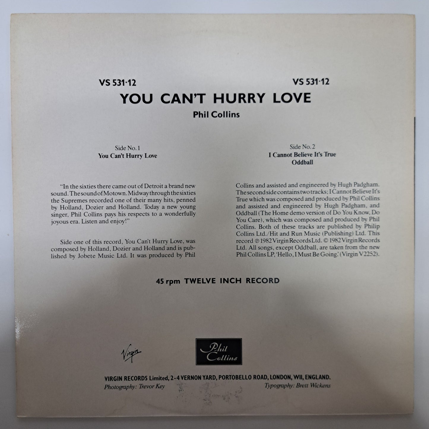 Phil Collins - You Can't Hurry Love (Vinyl 12" 1982) NM/M