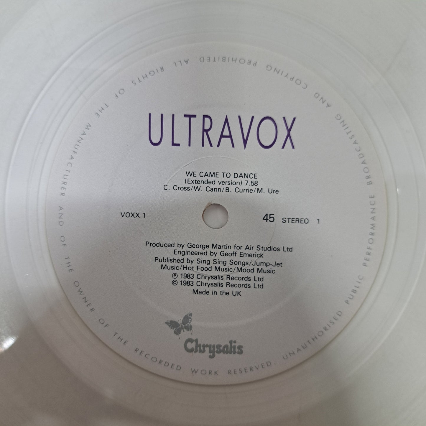 Ultravox - We Came to Dance (Clear Vinyl 12" Single 1983) EX/M