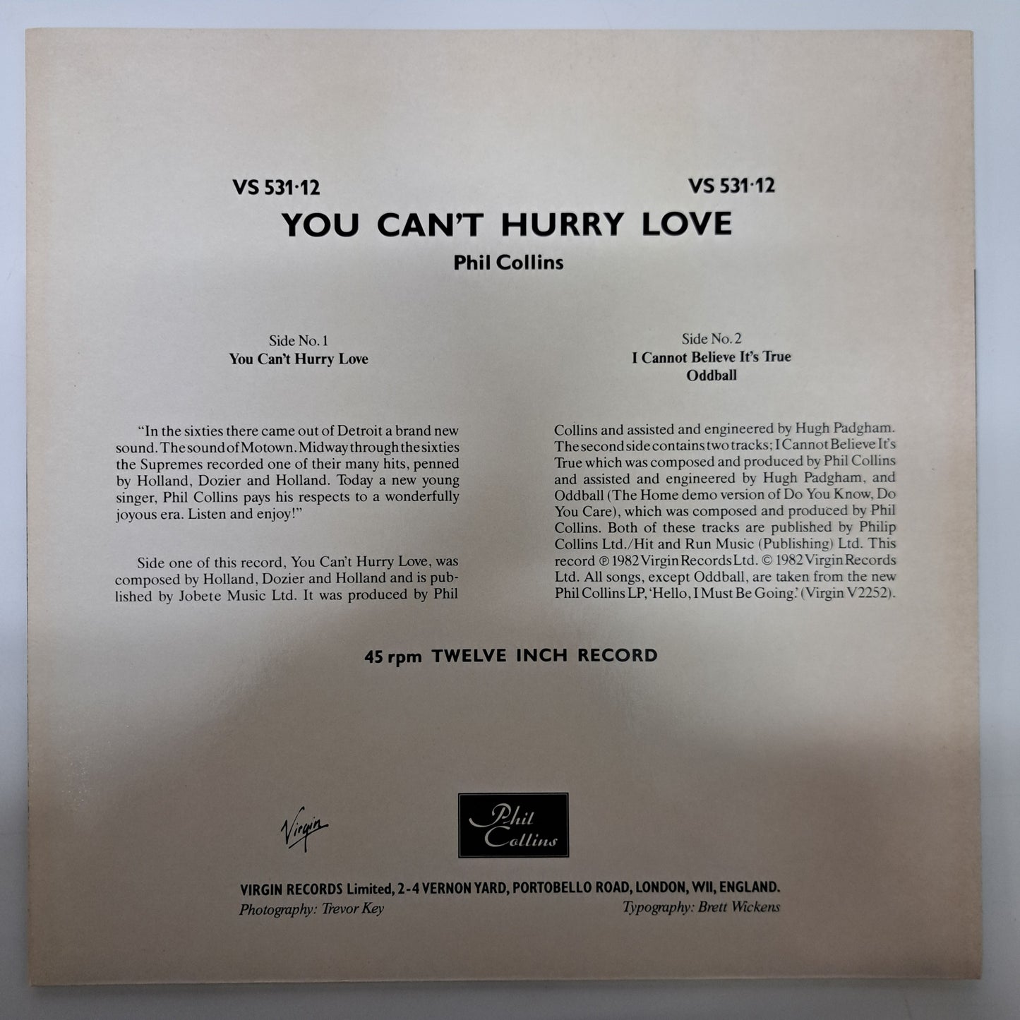 Phil Collins - You Can't Hurry Love (Vinyl 12" Single UK 1982) NM/MINT