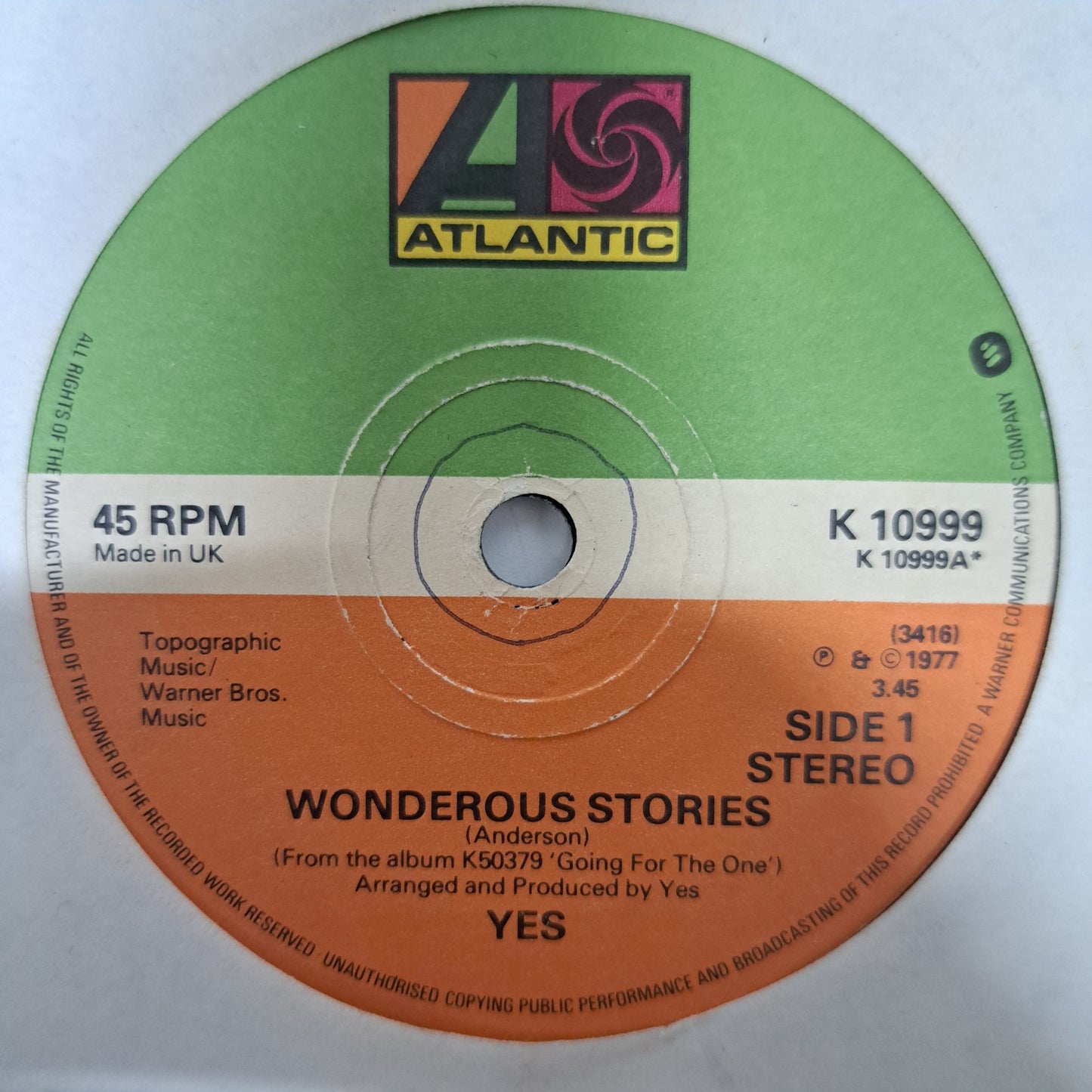 Yes - Wonderous Stories (Vinyl 7" Single) EX