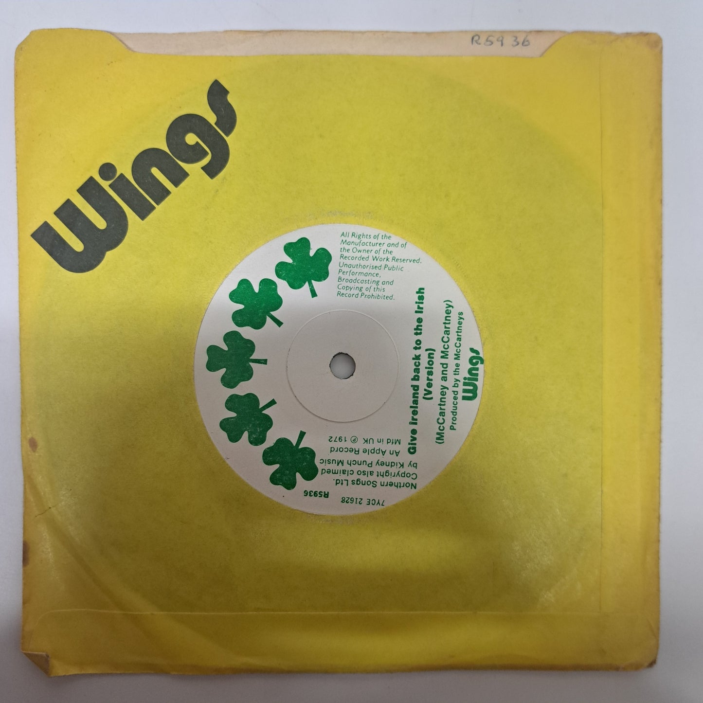 Wings - Give Ireland Back to the Irish (Vinyl 7" Single) VG+/EX