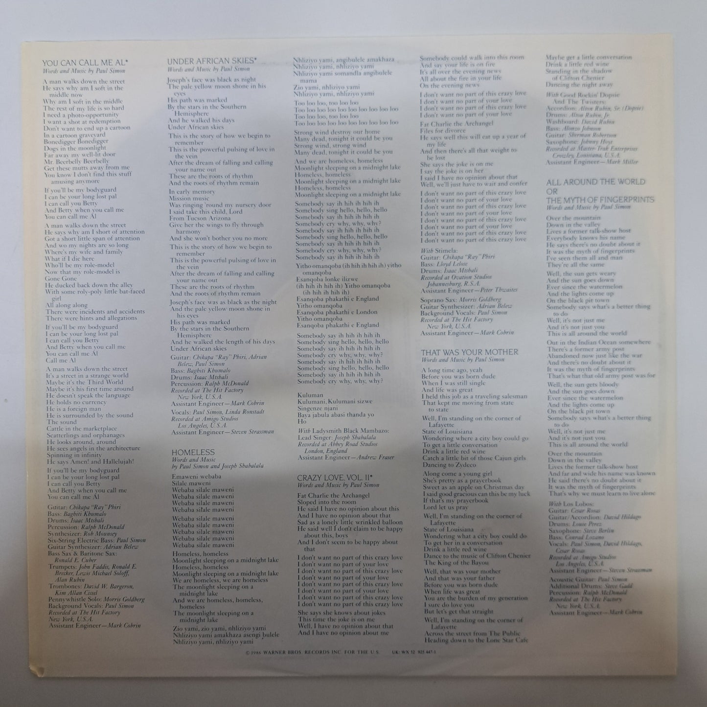 Paul Simon - Graceland  (Vinyl LP 1986) NM/NM