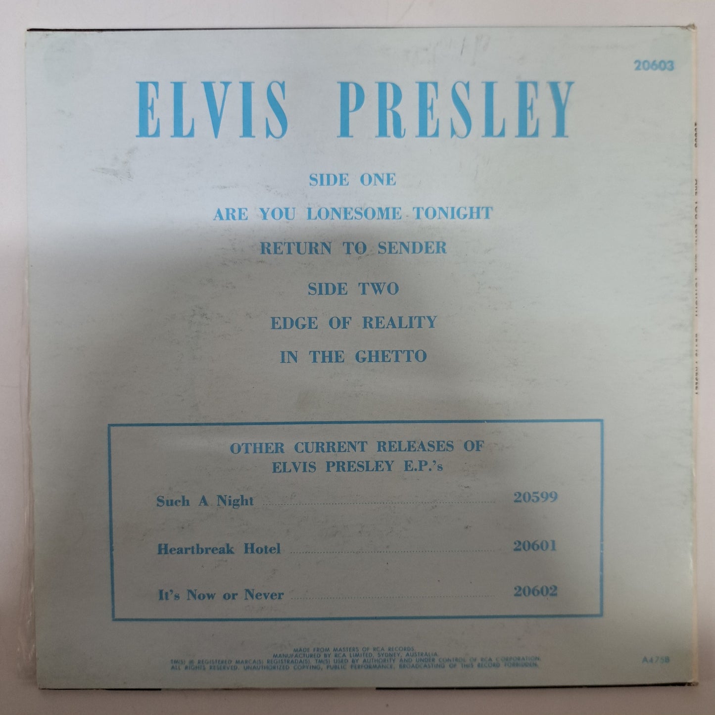 Elvis Presley - Are You Lonesome Tonight (Vinyl 7" EP Australia 1975) EX/M