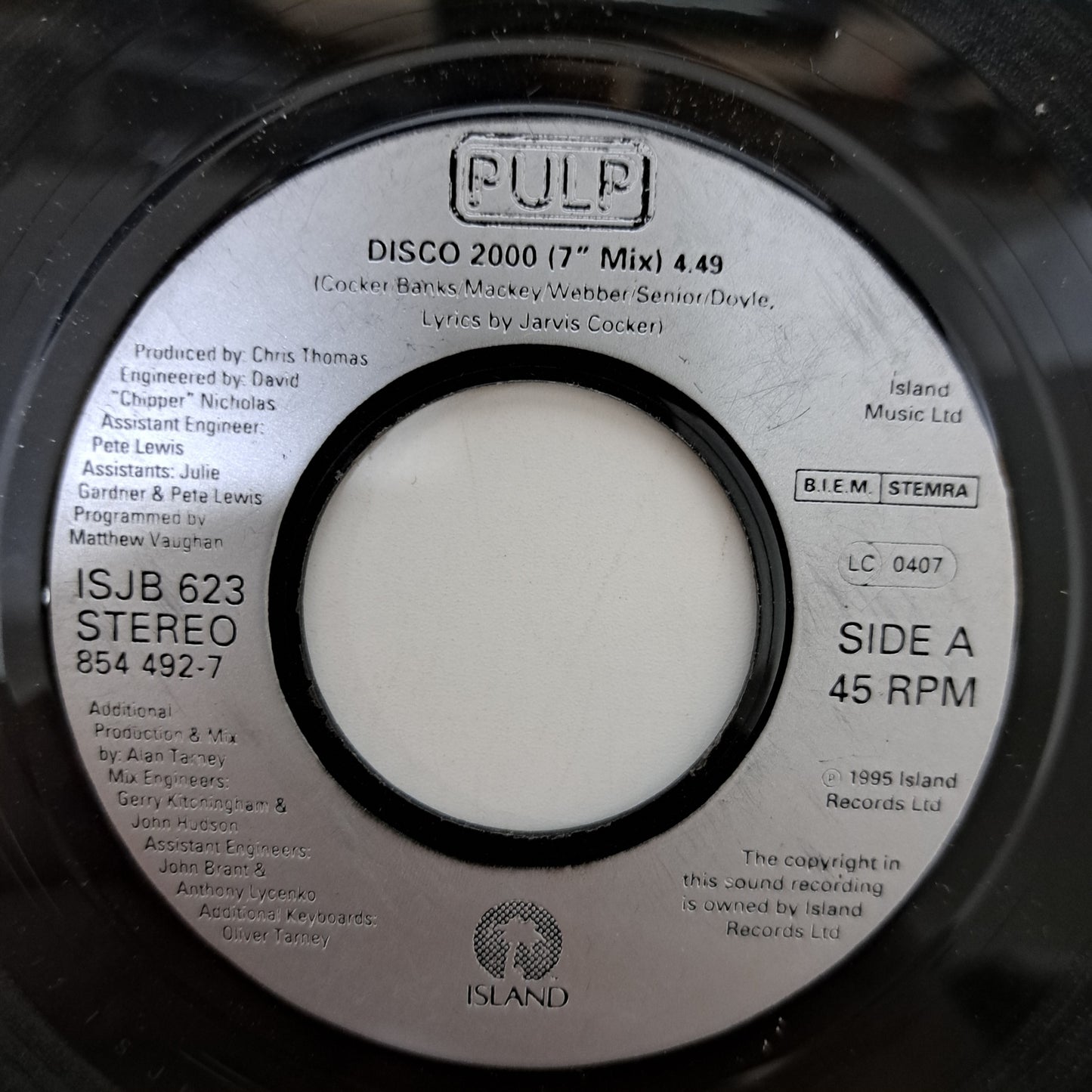 Pulp - Disco 2000 (Vinyl 7" Jukebox Only Single) VG+