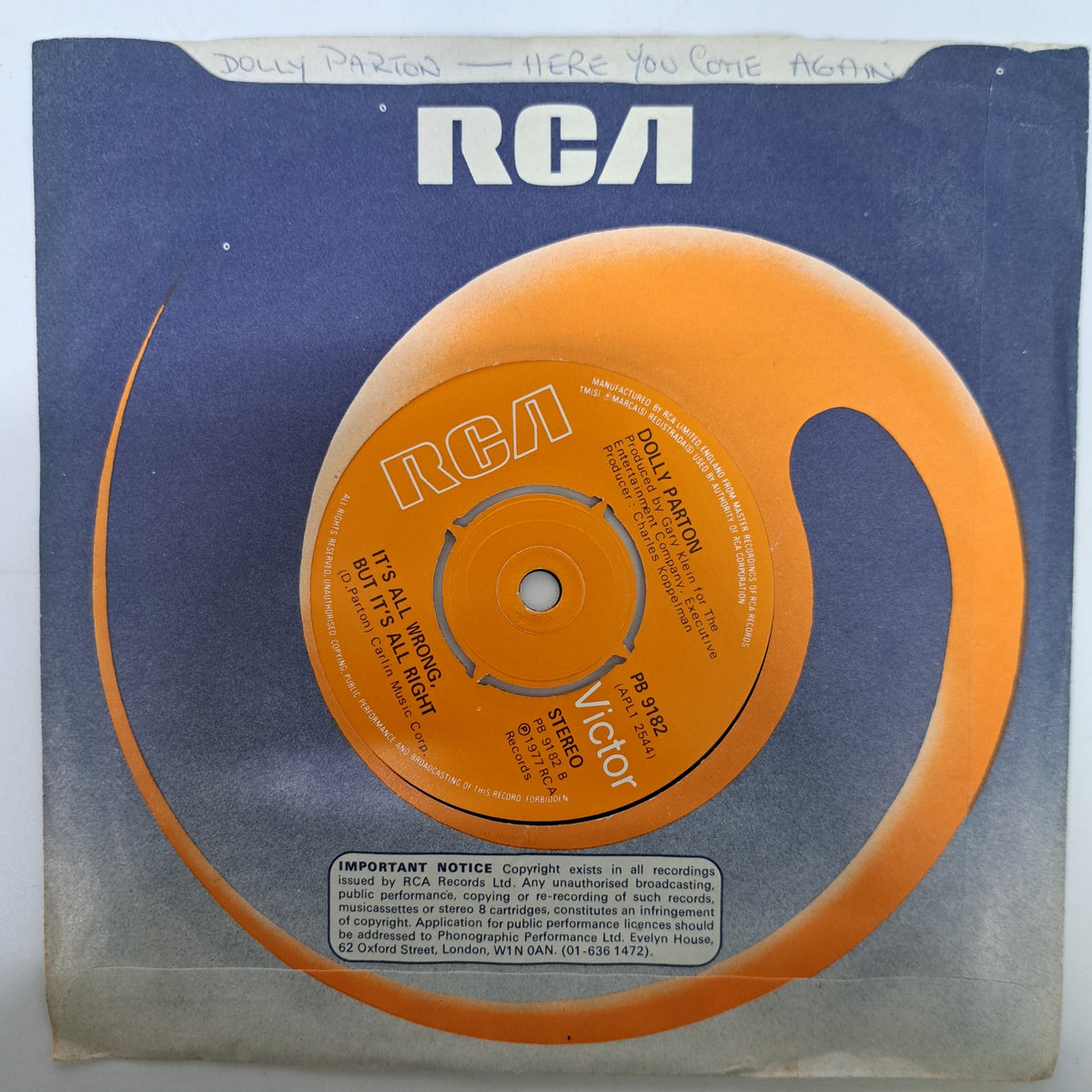 Dolly Parton - Here You Come Again (Vinyl 7" Single) EX