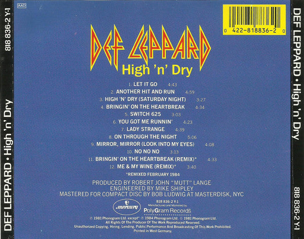 Def Leppard - High 'n' Dry (1984 CD) NM