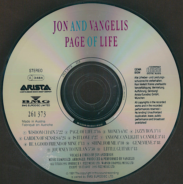 Jon and Vangelis - Page of Life (1991 CD) VG+