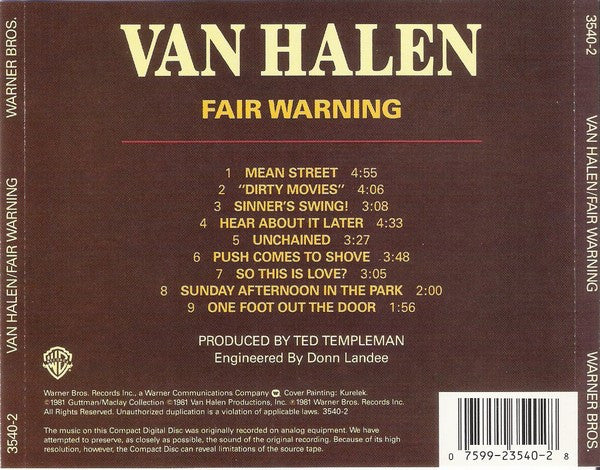 Van Halen - Fair Warning (1987 US CD) NM
