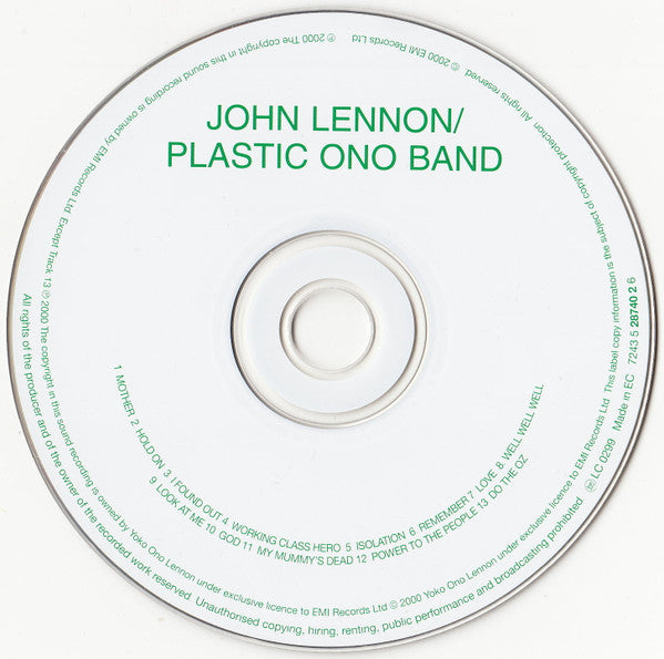 John Lennon Plastic ono Band - Self Titled (2000 EMI UK CD) NM