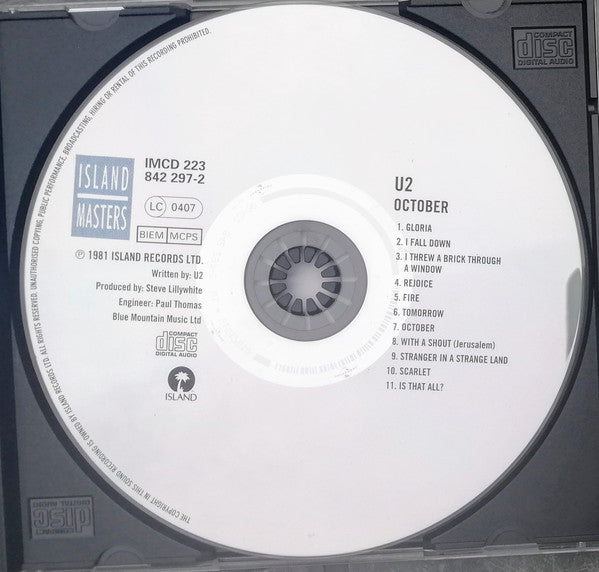 U2 - October (Island Masters CD) NM