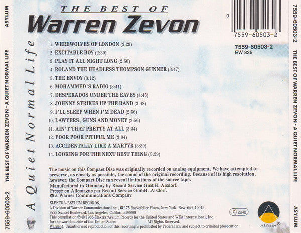 Warren Zevon - The Best of ~ A Quite Normal Life (1986 CD) Mint