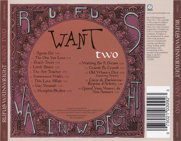 Rufus Wainwright - Want Two (2004 Special Edition CD) NM