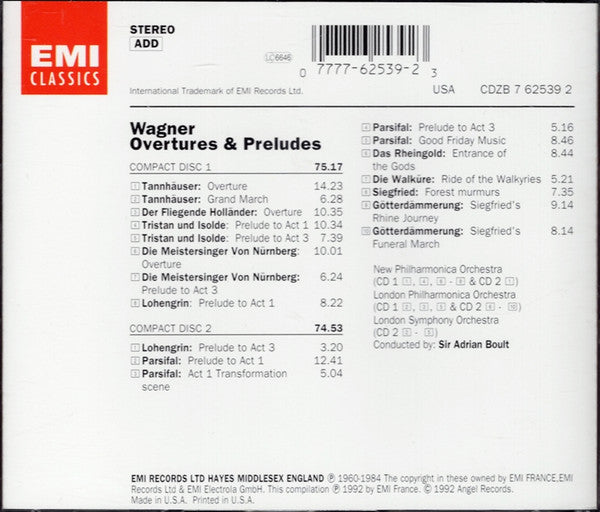 Sir Adrian Boult - Wagner Overtures & Preludes (1992 DCD) NM