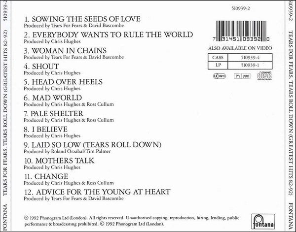 Tears for Fears - Tears Roll Down ~ Greatest Hits (1993 CD) Mint