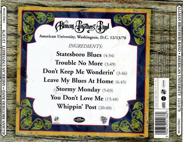 Allman Brothers Band - American University..12/13/70 (2005 Live CD) Mint