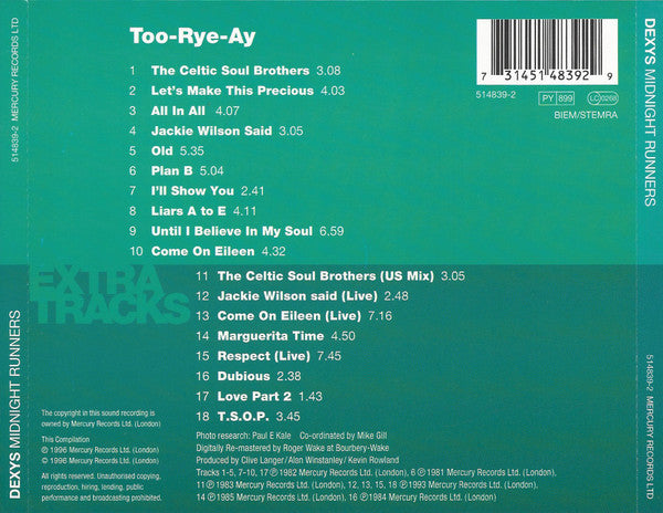 Dexys Midnight Runners - "Too-Rye-Ay" (1996 Remastered & Expanded CD) NM