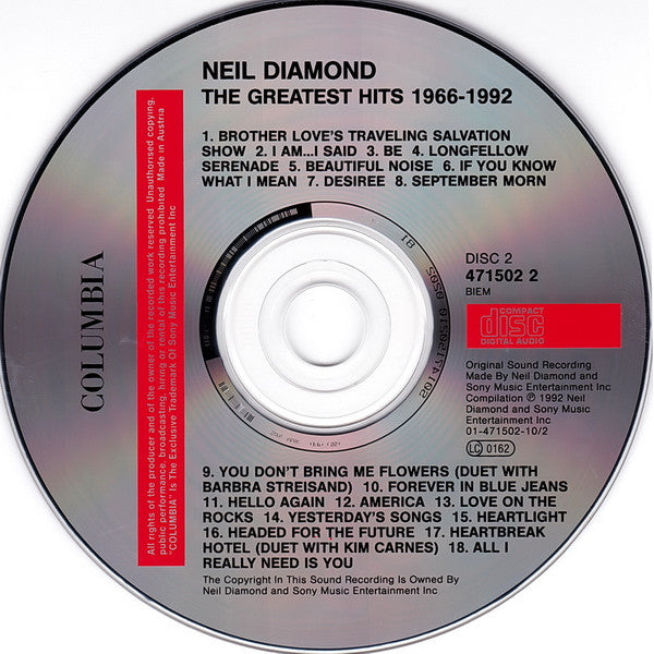 Neil Diamond - The Greatest Hits 1966-1992 (1992 DCD) NM