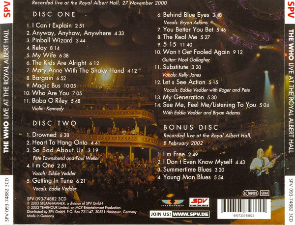 Who - Live at the Royal Albert Hall (2003 Triple CD Set) Mint