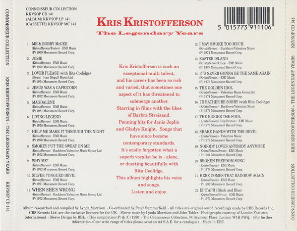 Kris Kristofferson - The Legendary Years (1990 CD) VG+