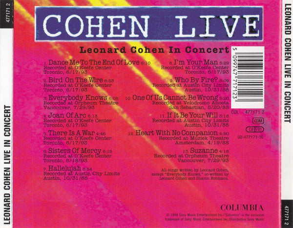 Leonard Cohen - Cohen live in Concert (1999 CD) VG+