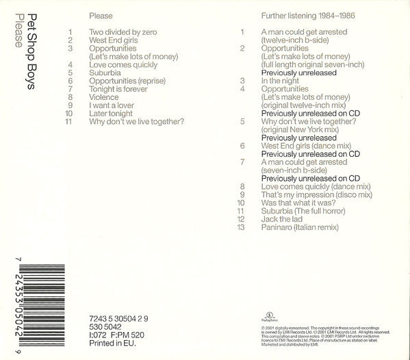 Pet Shop Boys - Please / Further Listening 1984-1986 (2001 UK DCD) Mint