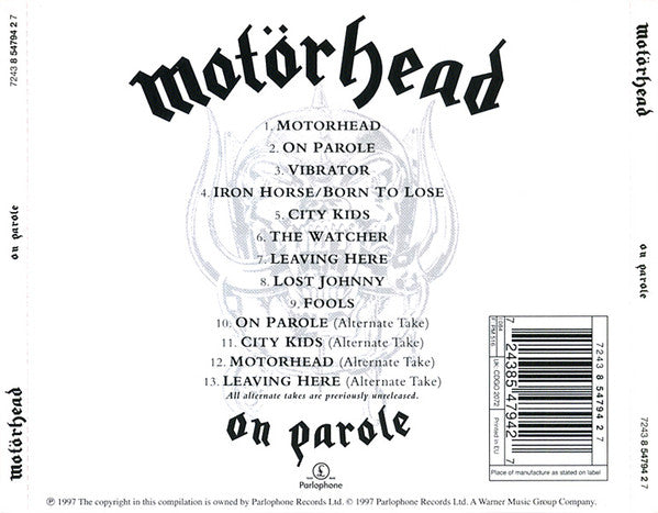 Motorhead - On Parole (1997 CD) Mint