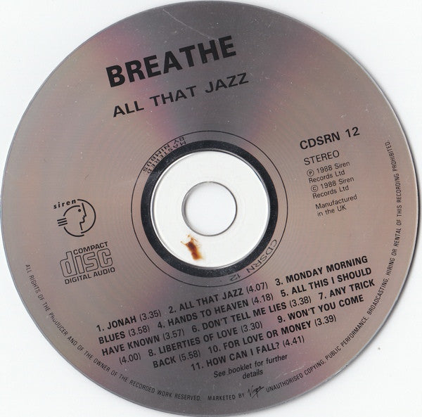 Breathe - All That Jazz (1988 CD Album) VG+